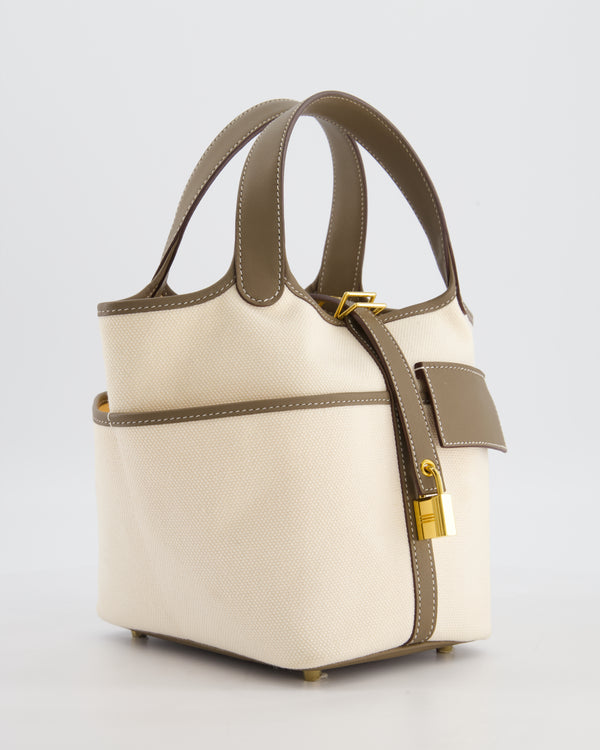 Hermes Picotin 18 Cargo in Ecru Canvas & Etoupe Swift Leather with Gold Hardware