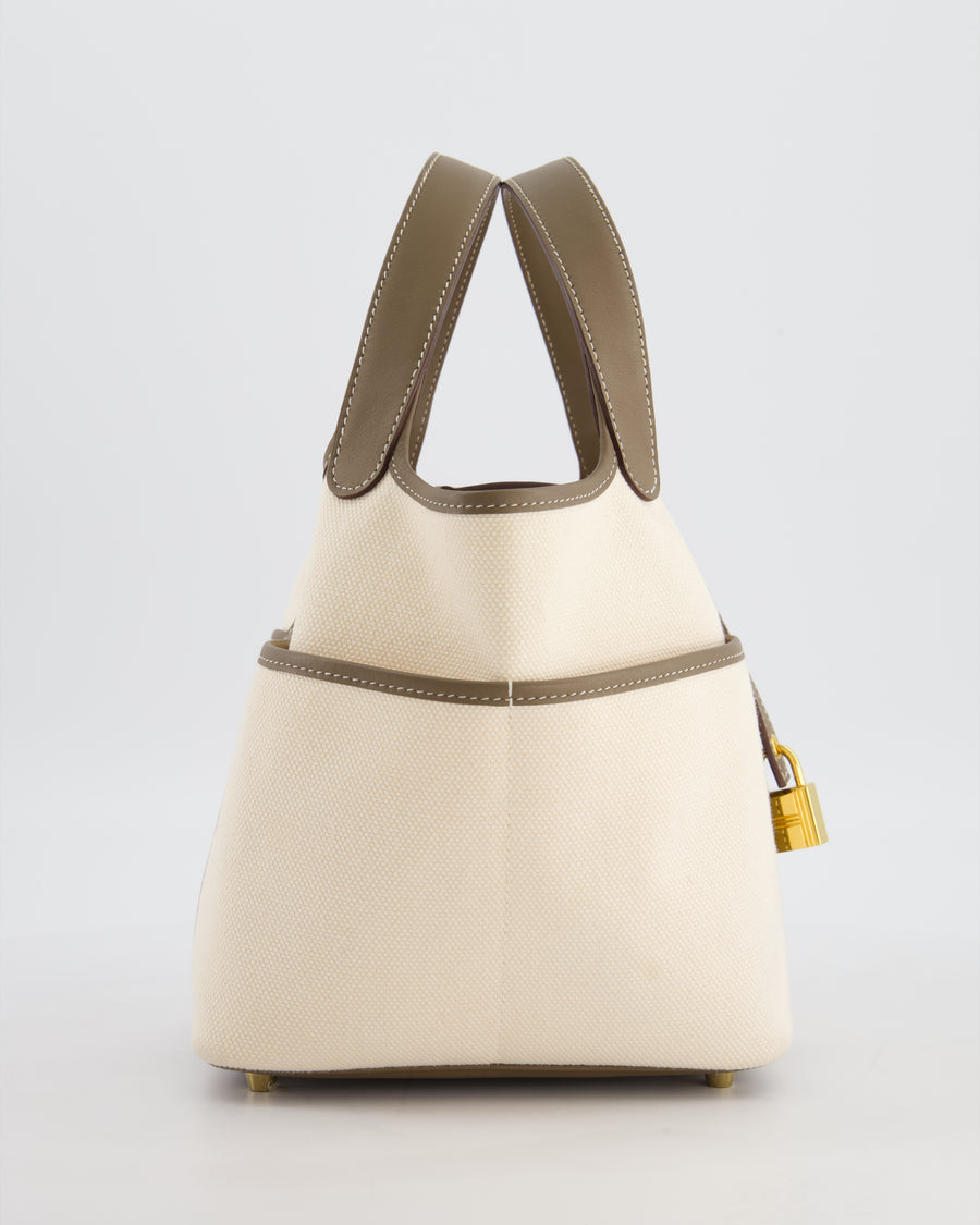 Hermes Picotin 18 Cargo in Ecru Canvas & Etoupe Swift Leather with Gold Hardware