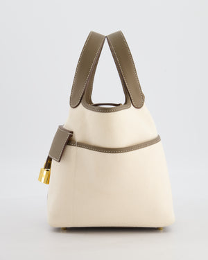 Hermes Picotin 18 Cargo in Ecru Canvas & Etoupe Swift Leather with Gold Hardware