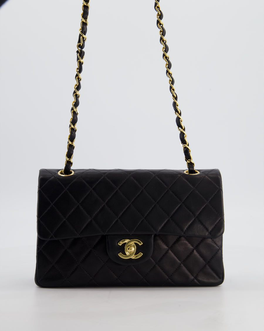 *HOT* Chanel Black Vintage Small Double Flap Bag in Lambskin Leather with 24K Gold Hardware