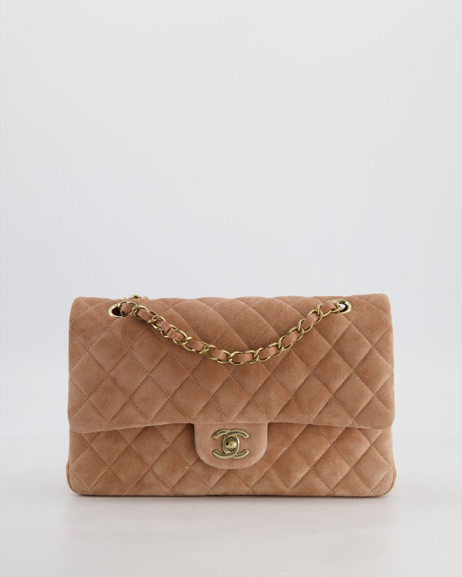 *SUPER RARE* Chanel Caramel Medium Classic Double Flap Bag in Suede Leather with Champagne Gold Hardware