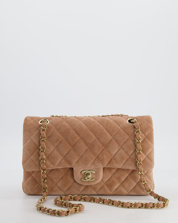 *SUPER RARE* Chanel Caramel Medium Classic Double Flap Bag in Suede Leather with Champagne Gold Hardware