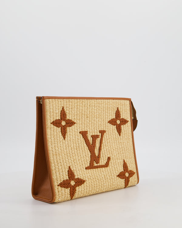 Louis Vuitton Raffia Monogram Pouch in Beige and Brown with Natural Cowhide Leather Trim
