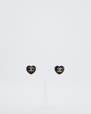 Chanel Black Leather Heart and Gold CC Earrings