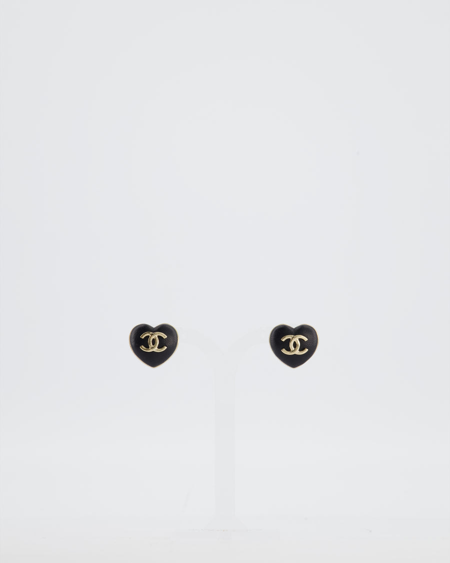 Chanel Black Leather Heart and Gold CC Earrings