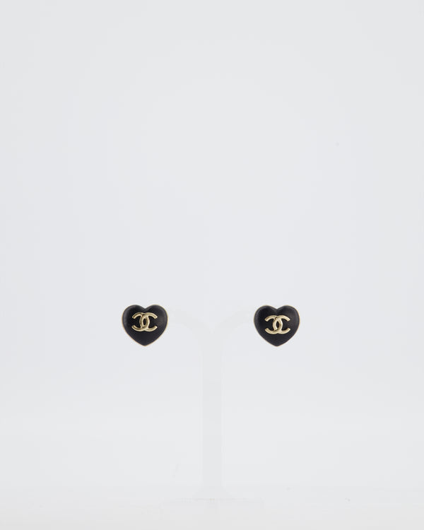 Chanel Black Leather Heart and Gold CC Earrings