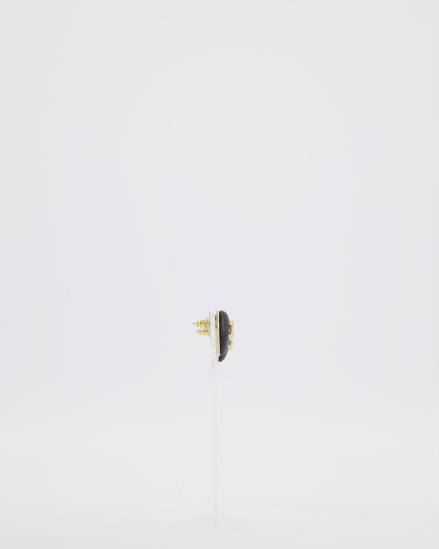 Chanel Black Leather Heart and Gold CC Earrings