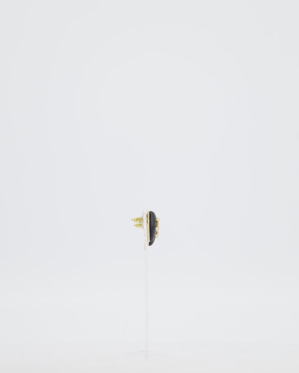 Chanel Black Leather Heart and Gold CC Earrings