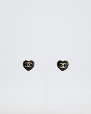 Chanel Black Leather Heart and Gold CC Earrings