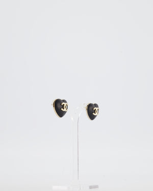 Chanel Black Leather Heart and Gold CC Earrings