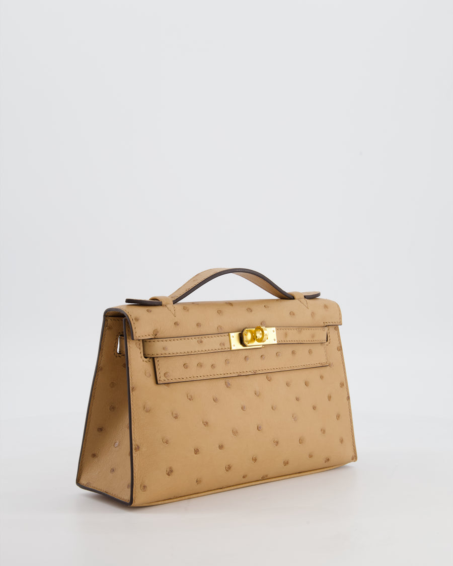 *RARE & HOT COLOUR* Hermès Mini Kelly Pochette Bag in Chai Ostrich Leather with Gold Hardware