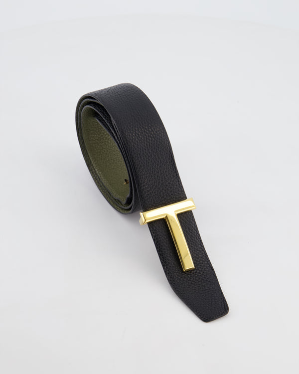 Tom Ford Double-Sided Belt in Black and Khaki with Gold Buckle 100cm