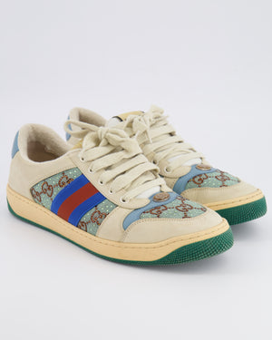 Gucci Cream and Turquoise Crystal Embellished Trainers with Brown GG Logo Pattern and Blue and Brown Stripe Detail Size EU 40