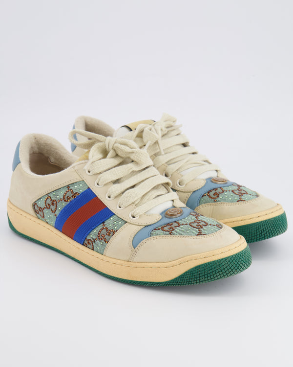 Gucci Cream and Turquoise Crystal Embellished Trainers with Brown GG Logo Pattern and Blue and Brown Stripe Detail Size EU 40