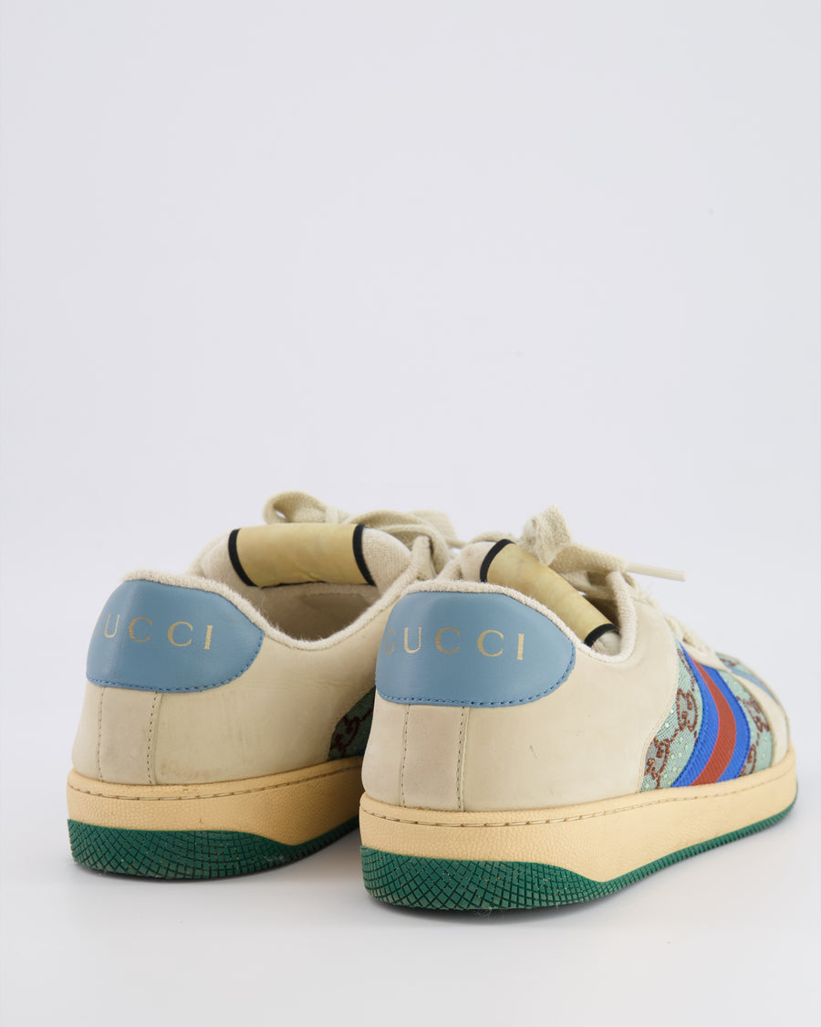 Gucci Cream and Turquoise Crystal Embellished Trainers with Brown GG Logo Pattern and Blue and Brown Stripe Detail Size EU 40