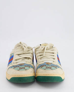 Gucci Cream and Turquoise Crystal Embellished Trainers with Brown GG Logo Pattern and Blue and Brown Stripe Detail Size EU 40