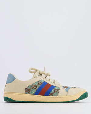 Gucci Cream and Turquoise Crystal Embellished Trainers with Brown GG Logo Pattern and Blue and Brown Stripe Detail Size EU 40