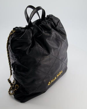Chanel 22 Large Backpack in Black Goatskin Leather with Brushed Gold Hardware