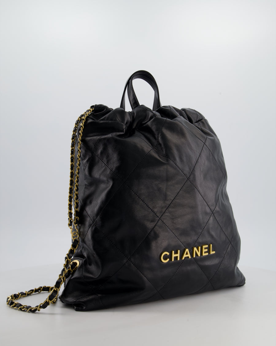 Chanel 22 Large Backpack in Black Goatskin Leather with Brushed Gold Hardware