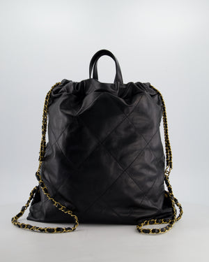 Chanel 22 Large Backpack in Black Goatskin Leather with Brushed Gold Hardware