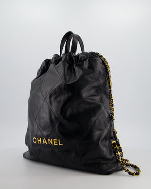 Chanel 22 Large Backpack in Black Goatskin Leather with Brushed Gold Hardware