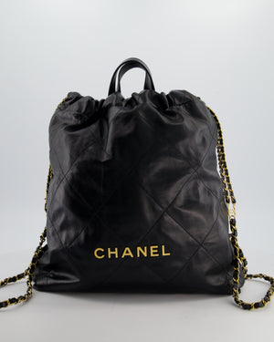Chanel 22 Large Backpack in Black Goatskin Leather with Brushed Gold Hardware