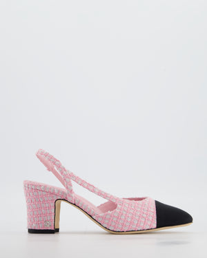 Chanel Pink Off-White Tweed Slingback Shoes with Silver CC Logo Detail Size 38C