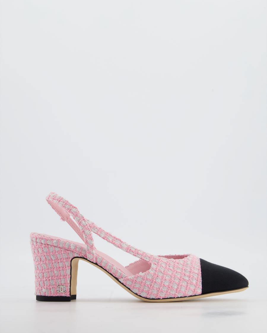 Chanel Pink Off-White Tweed Slingback Shoes with Silver CC Logo Detail Size 38C