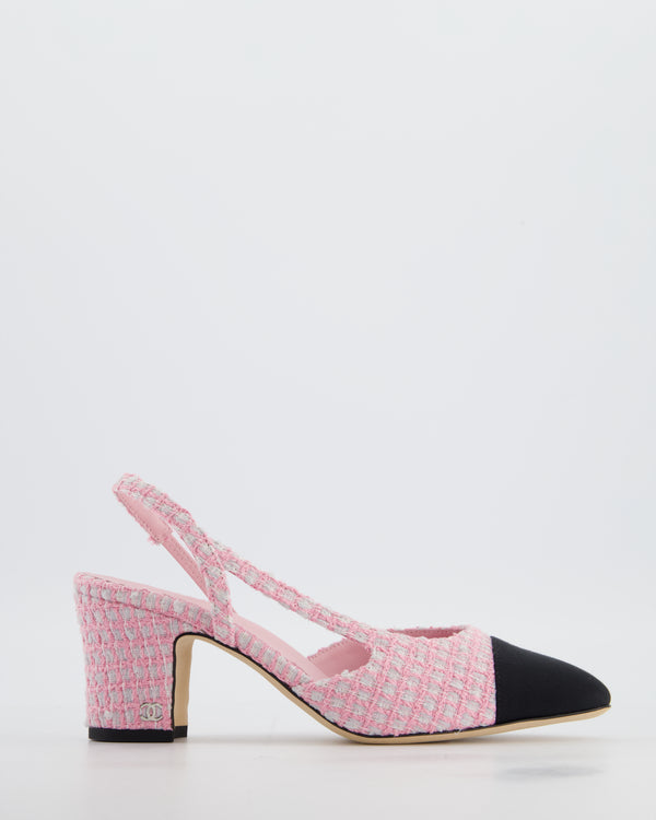 Chanel Pink Off-White Tweed Slingback Shoes with Silver CC Logo Detail Size 38C