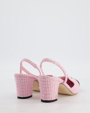 Chanel Pink Off-White Tweed Slingback Shoes with Silver CC Logo Detail Size 38C