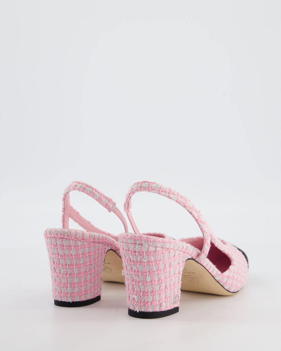 Chanel Pink Off-White Tweed Slingback Shoes with Silver CC Logo Detail Size 38C