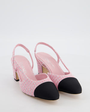 Chanel Pink Off-White Tweed Slingback Shoes with Silver CC Logo Detail Size 38C