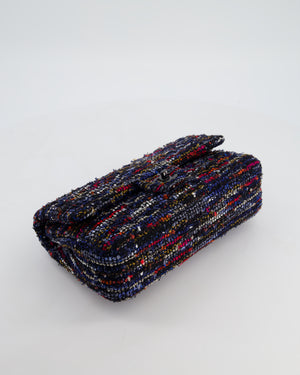*FIRE PRICE* Chanel Navy, Red, Orange & White Medium Double Flap 26 Bag in Tweed & Sequins with So Black Hardware