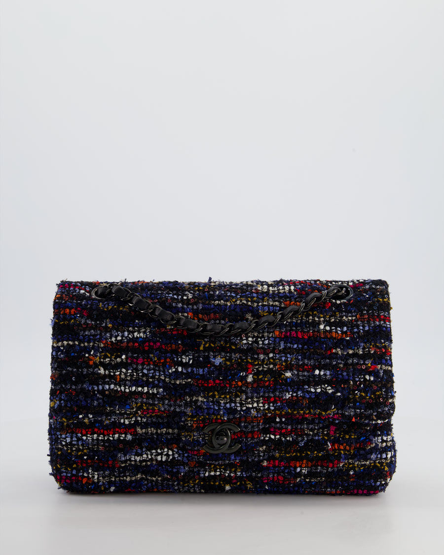 *FIRE PRICE* Chanel Navy, Red, Orange & White Medium Double Flap 26 Bag in Tweed & Sequins with So Black Hardware