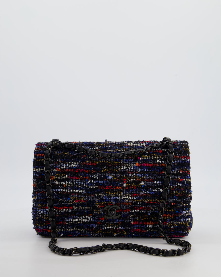 *FIRE PRICE* Chanel Navy, Red, Orange & White Medium Double Flap 26 Bag in Tweed & Sequins with So Black Hardware