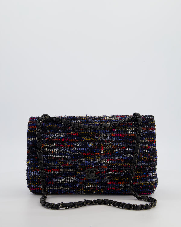 *FIRE PRICE* Chanel Navy, Red, Orange & White Medium Double Flap 26 Bag in Tweed & Sequins with So Black Hardware
