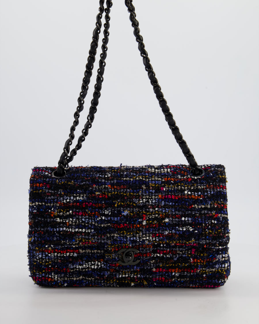 *FIRE PRICE* Chanel Navy, Red, Orange & White Medium Double Flap 26 Bag in Tweed & Sequins with So Black Hardware
