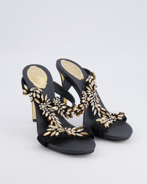 Rene Caovilla Black Satin Embellished Heeled Sandals with Champagne and White Crystals Size EU 38.5