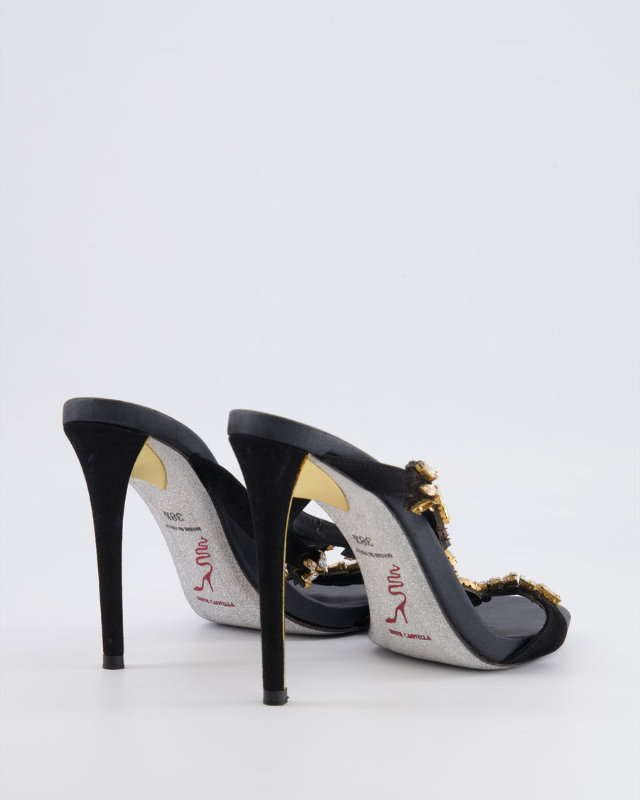 Rene Caovilla Black Satin Embellished Heeled Sandals with Champagne and White Crystals Size EU 38.5