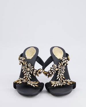 Rene Caovilla Black Satin Embellished Heeled Sandals with Champagne and White Crystals Size EU 38.5