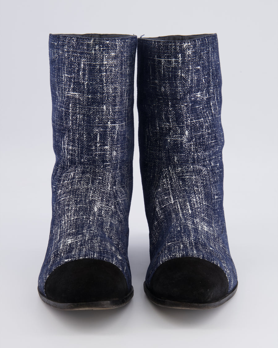 Chanel Navy Boots with Black Suede Toe Cap and Embroidered CC Logo Detail Size EU 40.5 C