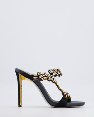 Rene Caovilla Black Satin Embellished Heeled Sandals with Champagne and White Crystals Size EU 38.5