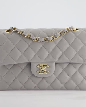 Chanel Dove Grey Small Classic Double Flap Bag in Caviar Leather with Champagne Gold Hardware