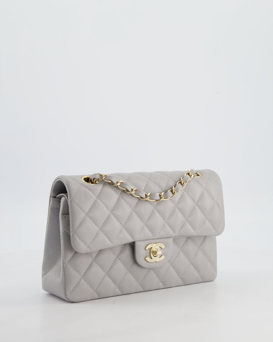 Chanel Dove Grey Small Classic Double Flap Bag in Caviar Leather with Champagne Gold Hardware