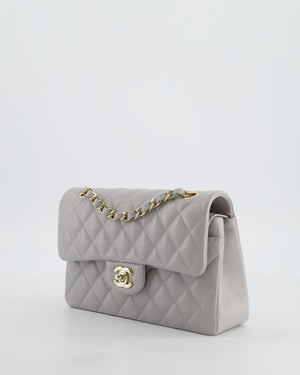 Chanel Dove Grey Small Classic Double Flap Bag in Caviar Leather with Champagne Gold Hardware