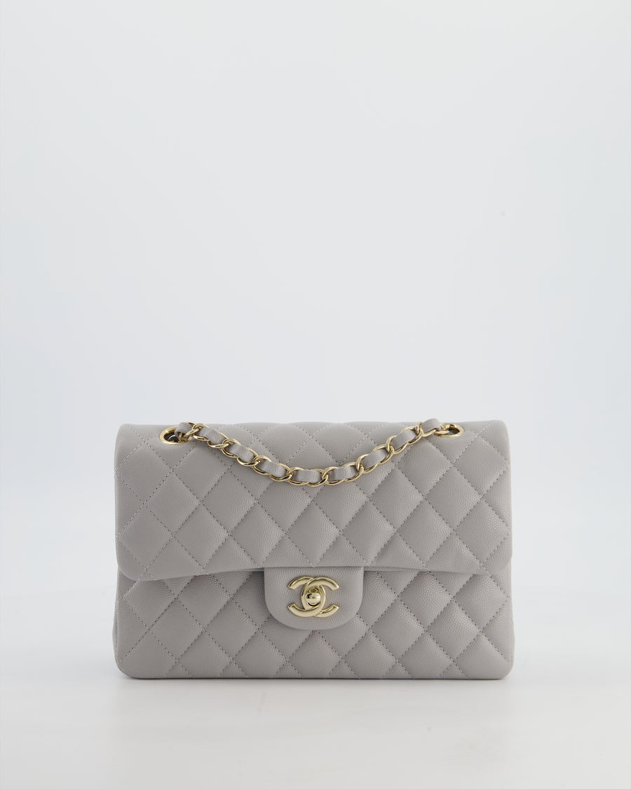 Chanel Dove Grey Small Classic Double Flap Bag in Caviar Leather with Champagne Gold Hardware