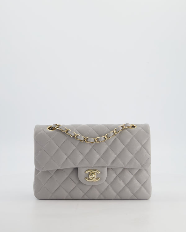 Chanel Dove Grey Small Classic Double Flap Bag in Caviar Leather with Champagne Gold Hardware