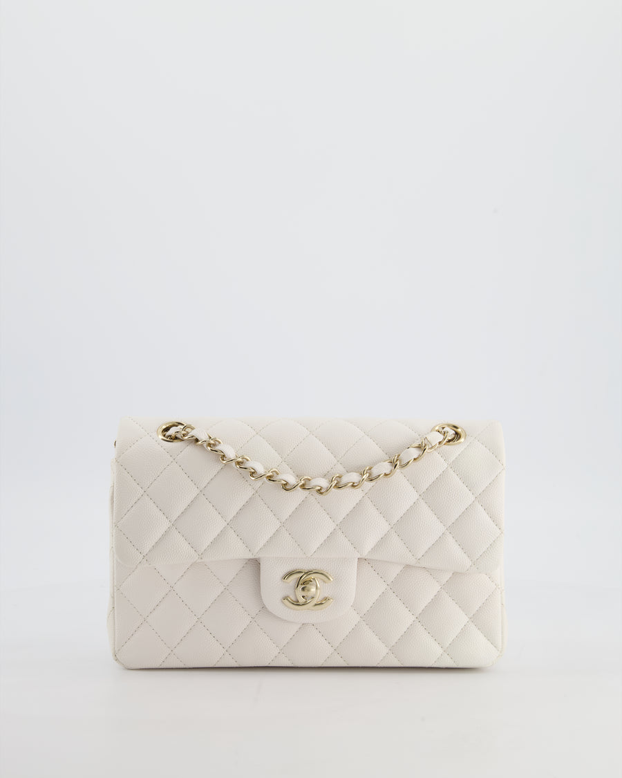 *RARE COLOUR* Chanel Small Classic Double Flap Bag in White Caviar Leather with Champagne Gold Hardware