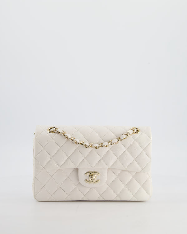 *RARE COLOUR* Chanel Small Classic Double Flap Bag in White Caviar Leather with Champagne Gold Hardware