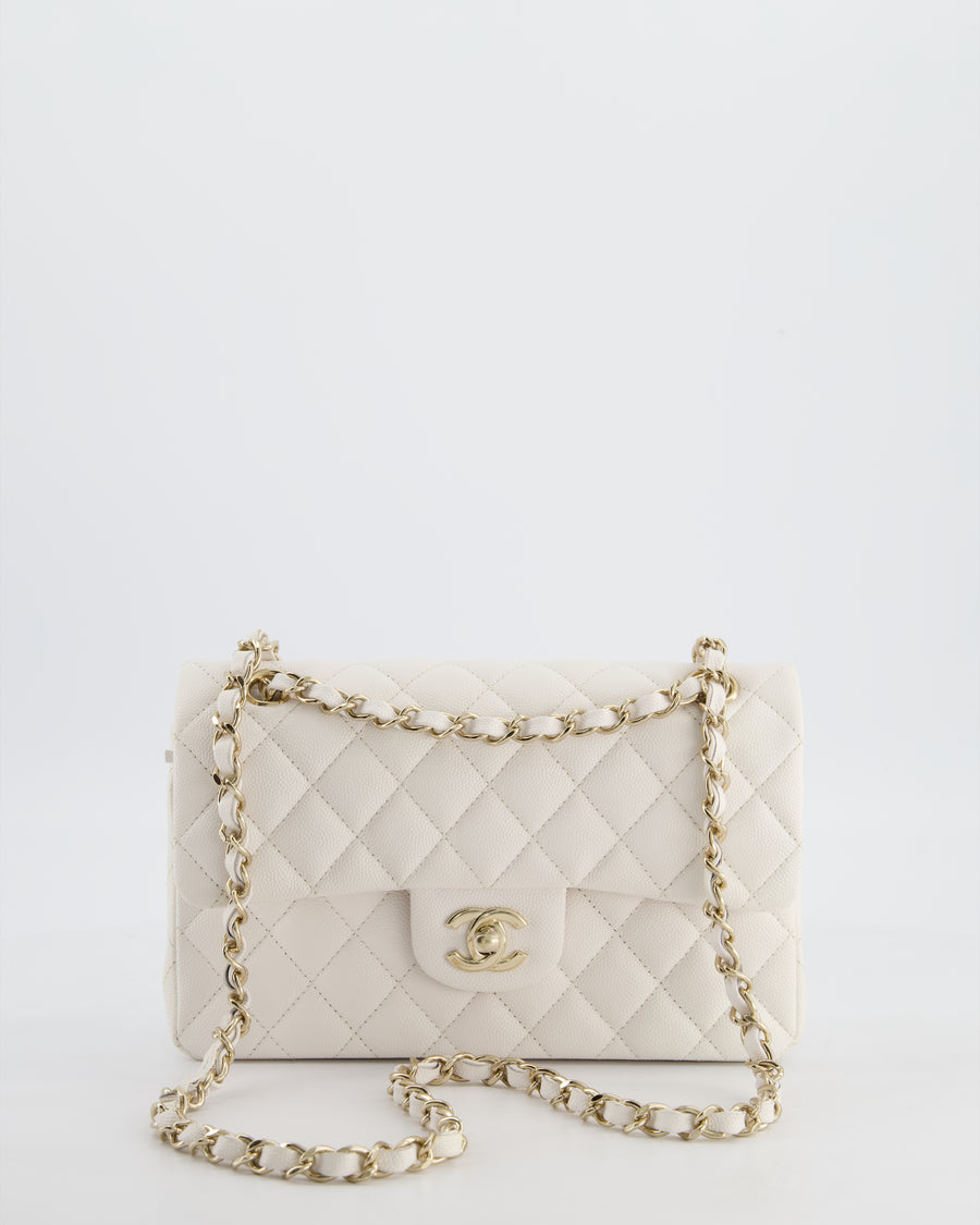 *RARE COLOUR* Chanel Small Classic Double Flap Bag in White Caviar Leather with Champagne Gold Hardware
